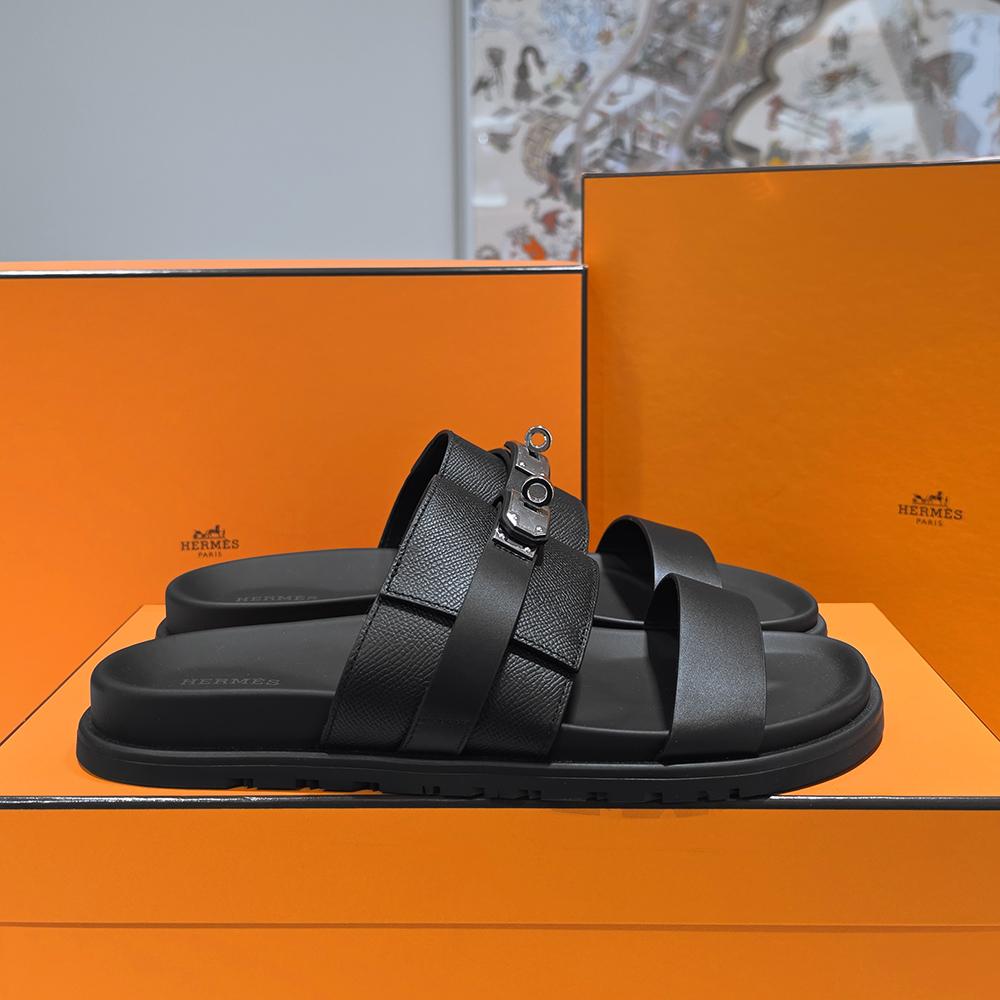 HERMES Men’s Jackson Slides Epsom Calfskin Black Silver-Tone Hardware