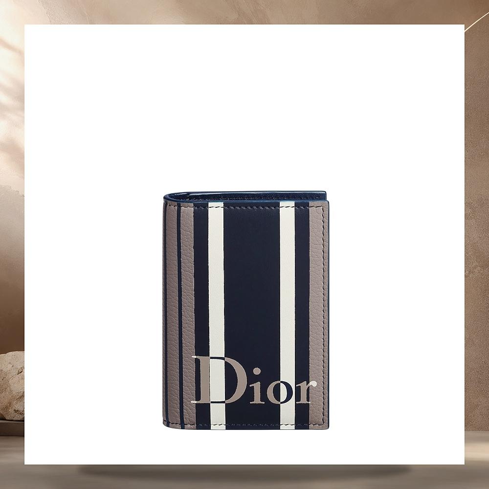 DIOR Gray Blue Sun Stripe Calfskin Marquetry Bifold Card Holder 2ESCH207INTH058