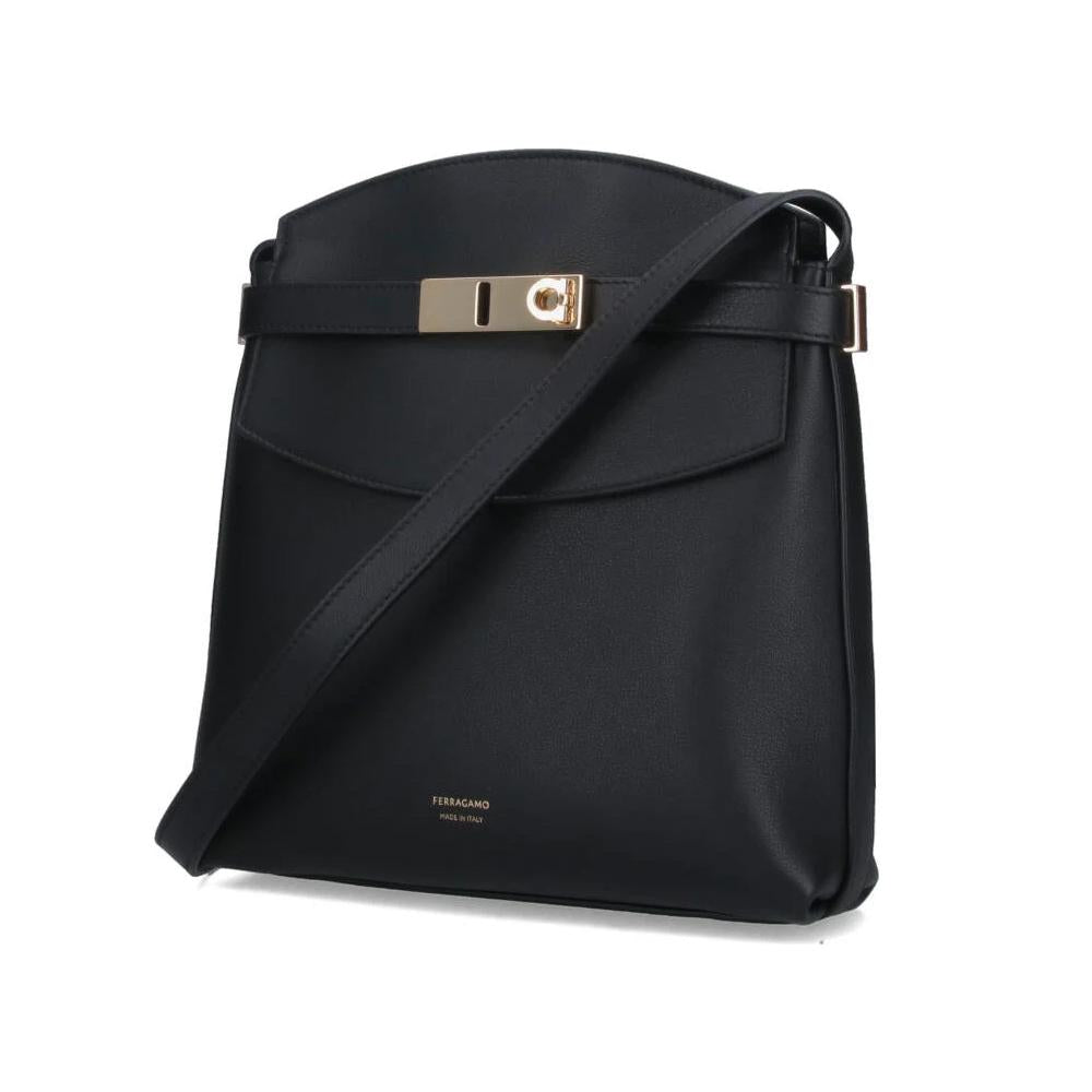 Ferragamo Black Leather Hug Messenger Crossbody Bag Gold Logo