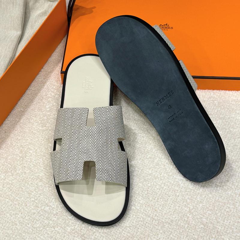 HERMES Izmir Sandals White Herringbone Calfskin Men's Slippers