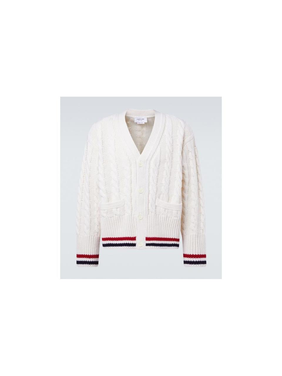 THOM BROWNE RWB Stripe V-Neck Baby Cable Wool Sweater MKC622B Y1005 100