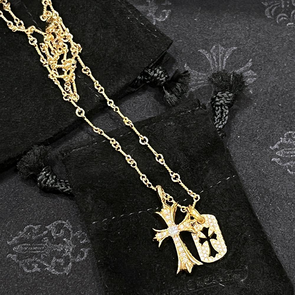 Chrome Hearts 22K Gold Full Pave Dog Tag Pendant Charm Necklace