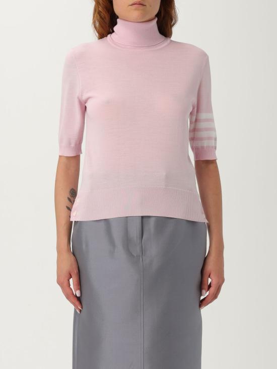 THOM BROWNE Fine Merino 4-Bar Relaxed Short Sleeve Turtleneck Knit Pink