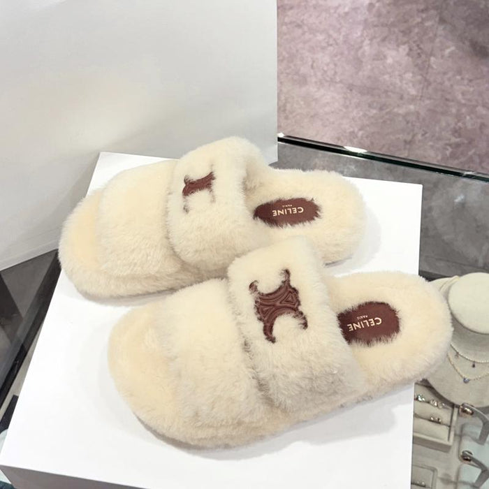 CELINE Triomphe Shearling Fur Slide Slippers Ivory Women’s