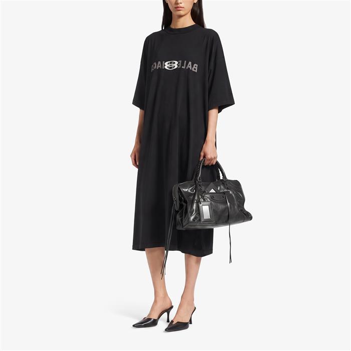 BALENCIAGA Logo Medium Fit Short Sleeve Long Dress Black Cotton