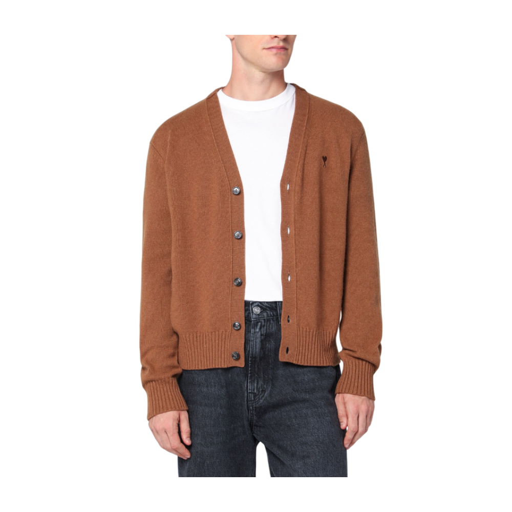 AMI Tonal Heart Logo Cashmere Wool Cardigan Men Brown HKC363 005 216