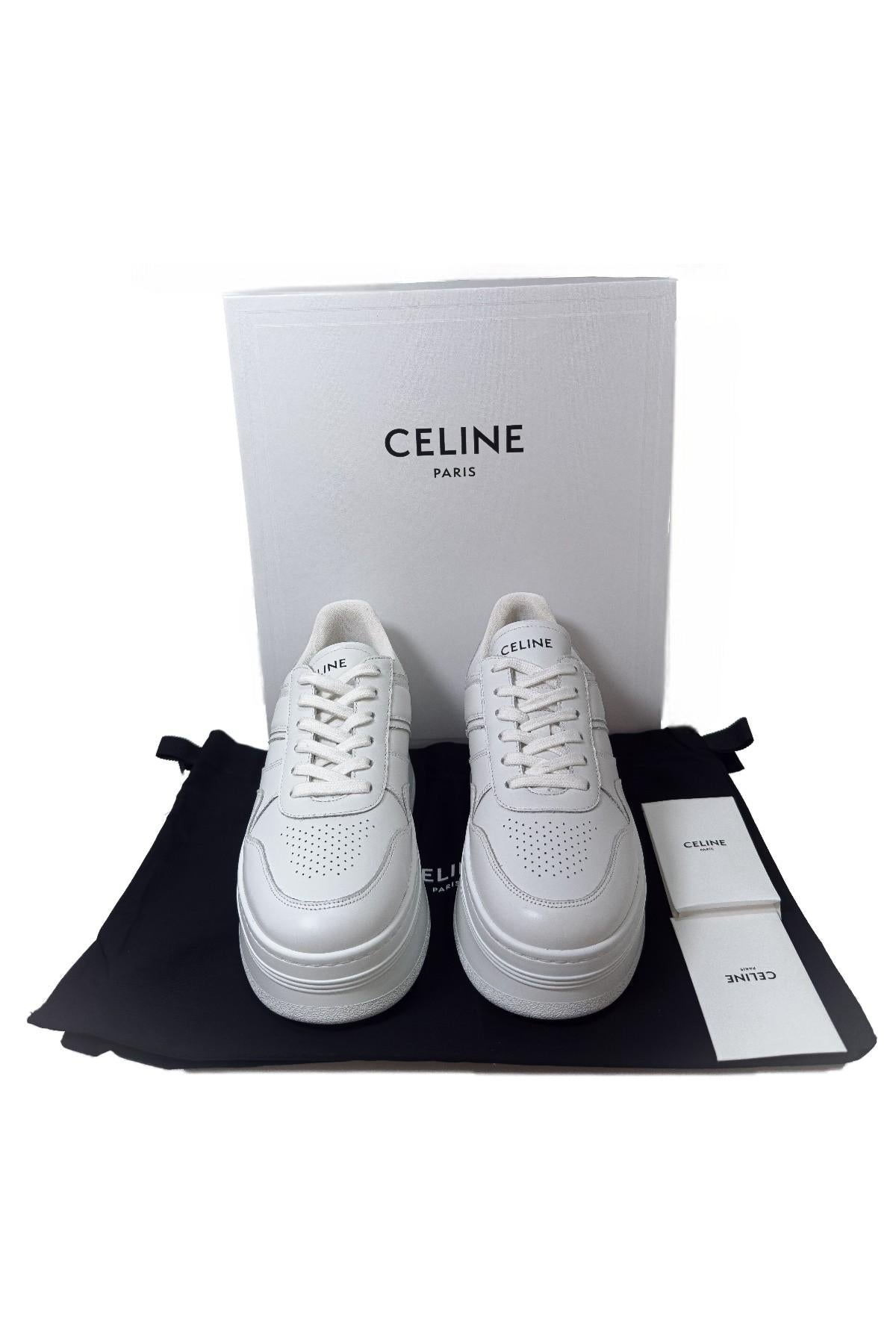 CELINE Wedge Block Calfskin Low Top Sneakers White