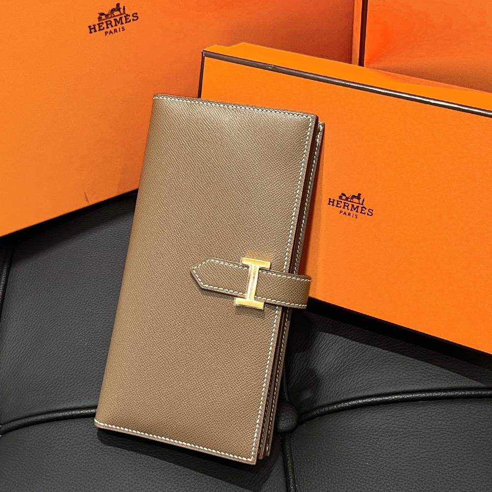 HERMES Béarn Long Wallet Etoupe Leather Gold Hardware Unisex