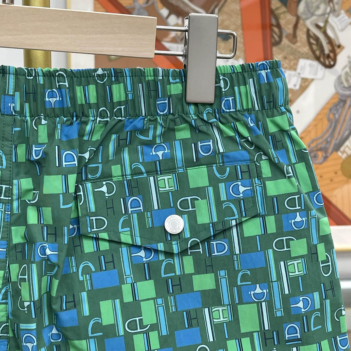 HERMES Metal au Carre Swim Trunks Green Blue