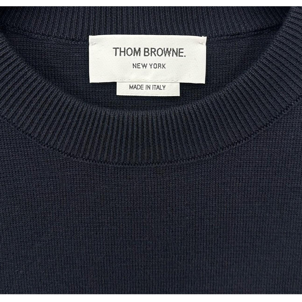 THOM BROWNE Navy Milano Stitch Armband Stripe Crewneck Knit Sweater