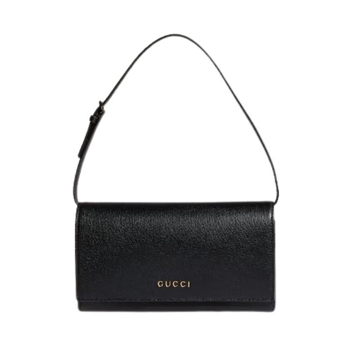 GUCCI Lettering Mini Pouch Black Leather Zip Clutch