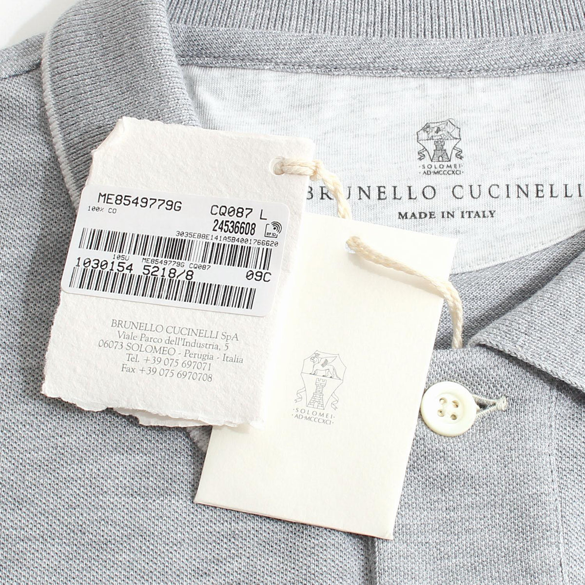 Brunello Cucinelli Embroidered Logo Grey Cotton Polo Shirt