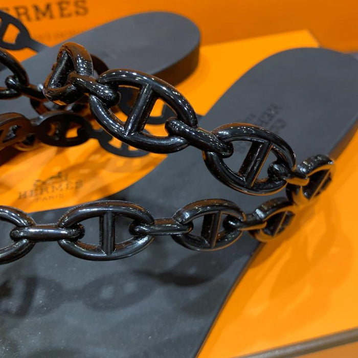 HERMES Black Chaine d’Ancre Twist Island Leather Sandals