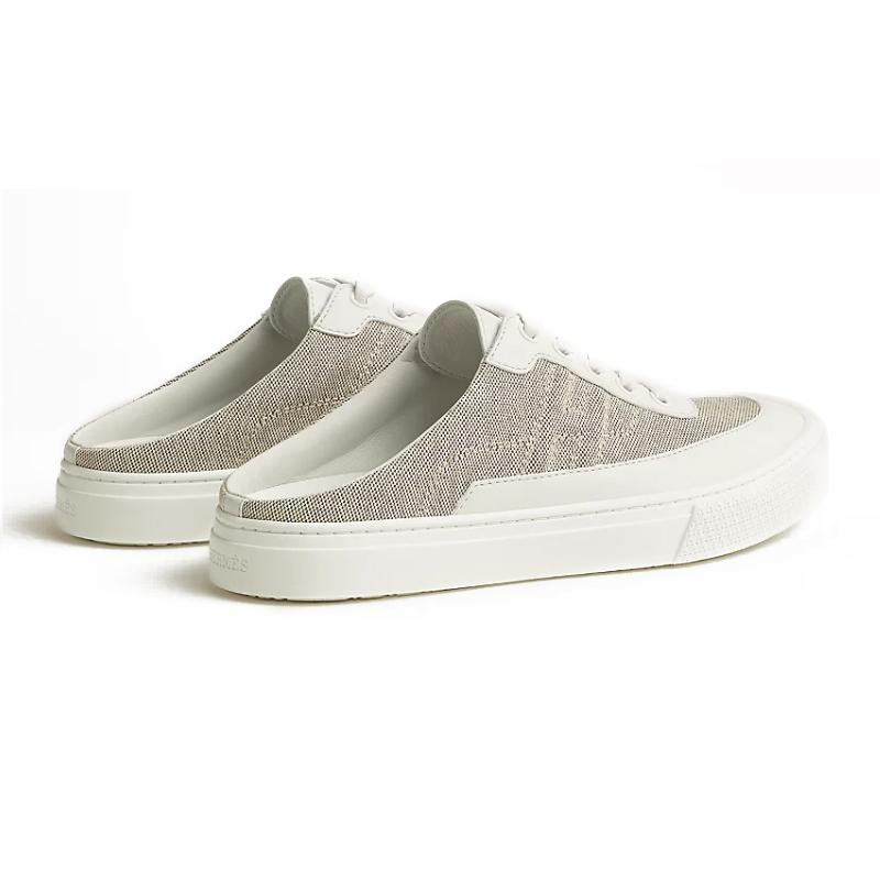 HERMES Canvas Calfskin Keep Sneaker Mules White Beige