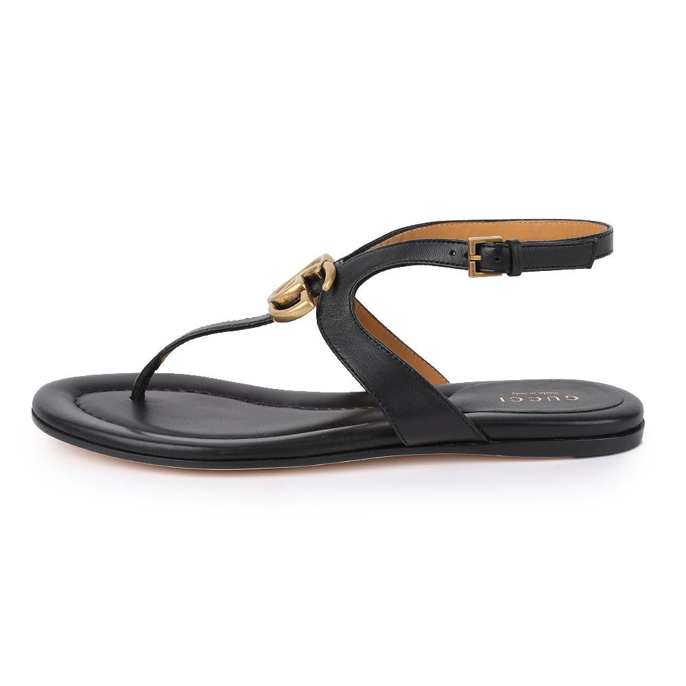 GUCCI Double G T-Strap Sandals Women’s Black Leather Sandals