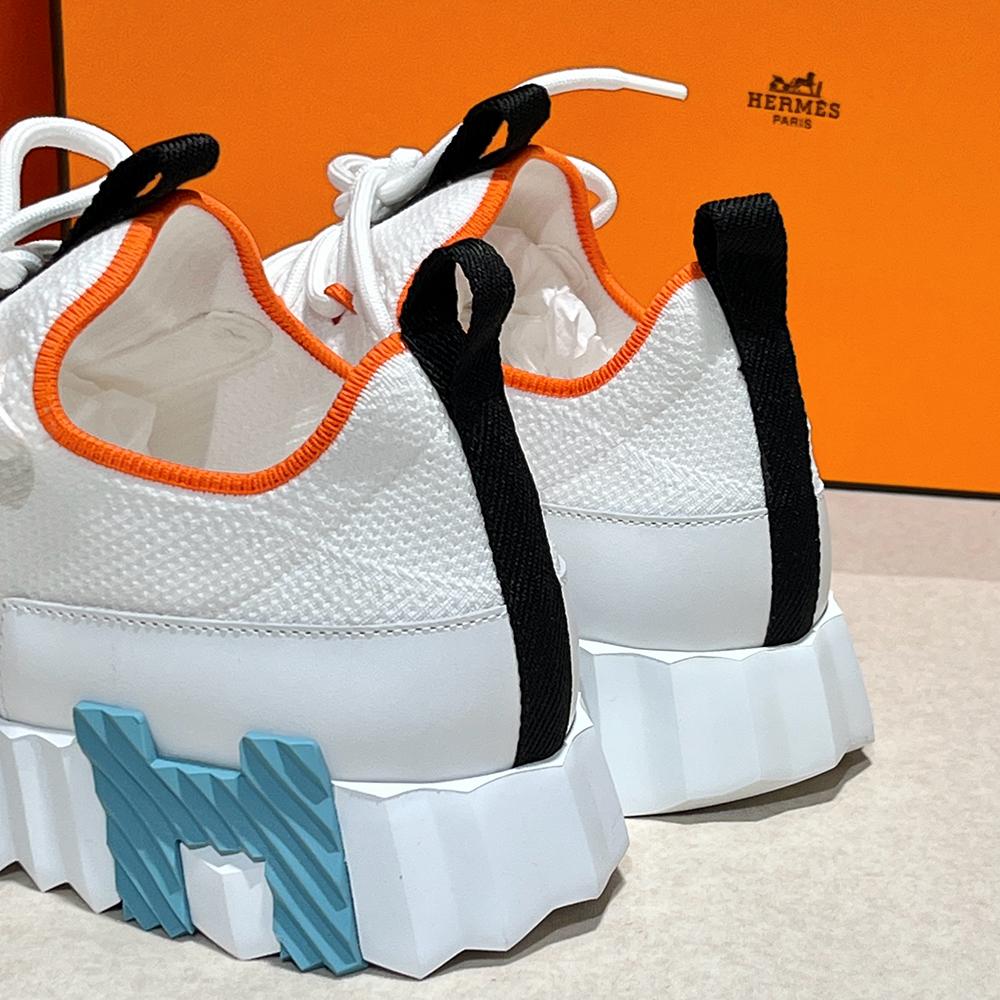 HERMES Lift Slip-On Sneakers Knit Calfskin White H Orange Sky