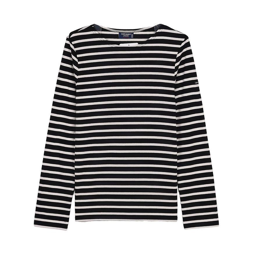 Saint James Striped Cotton Minquiers Modern Unisex T-Shirt Noir Ecru