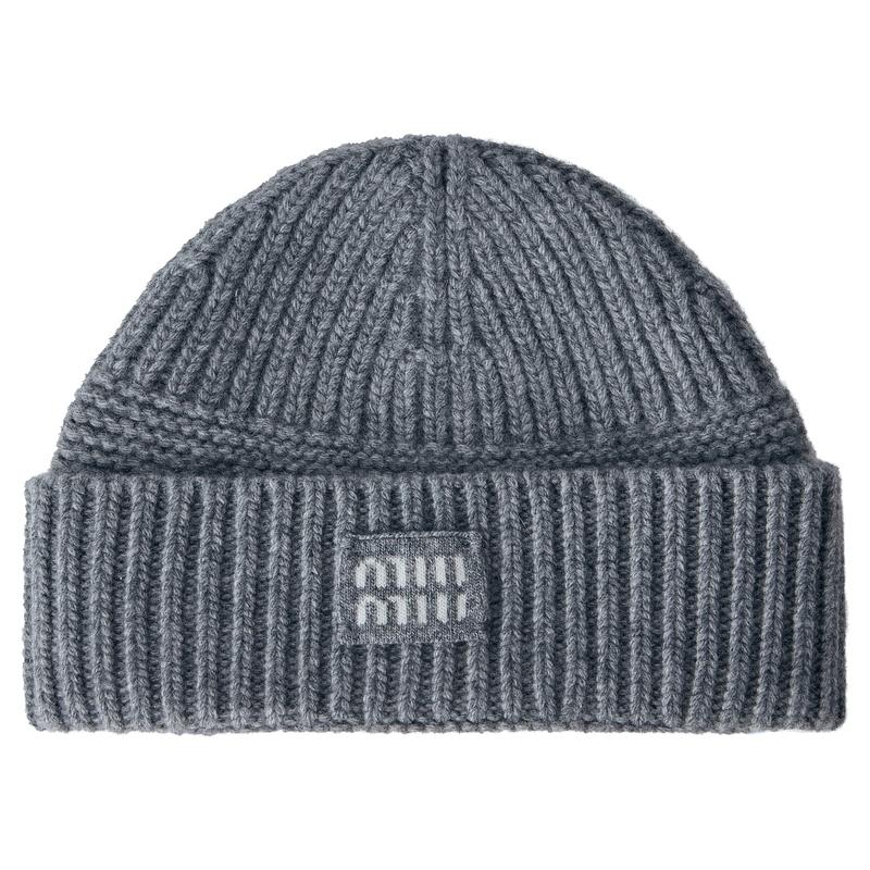 Miu Miu Logo Patch Knit Beanie Hat Black