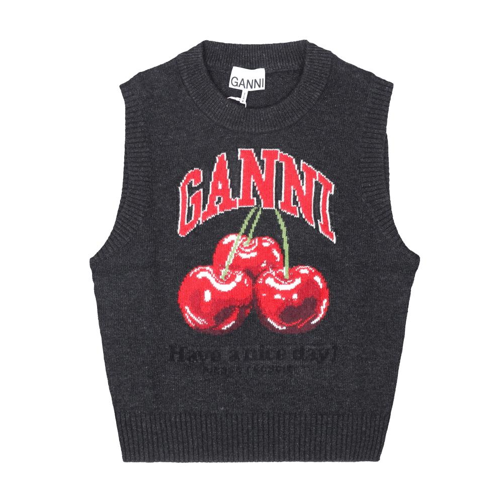 GANNI Cherry Logo Wool Blend Knit Vest Women’s Round Neck A1070264 252