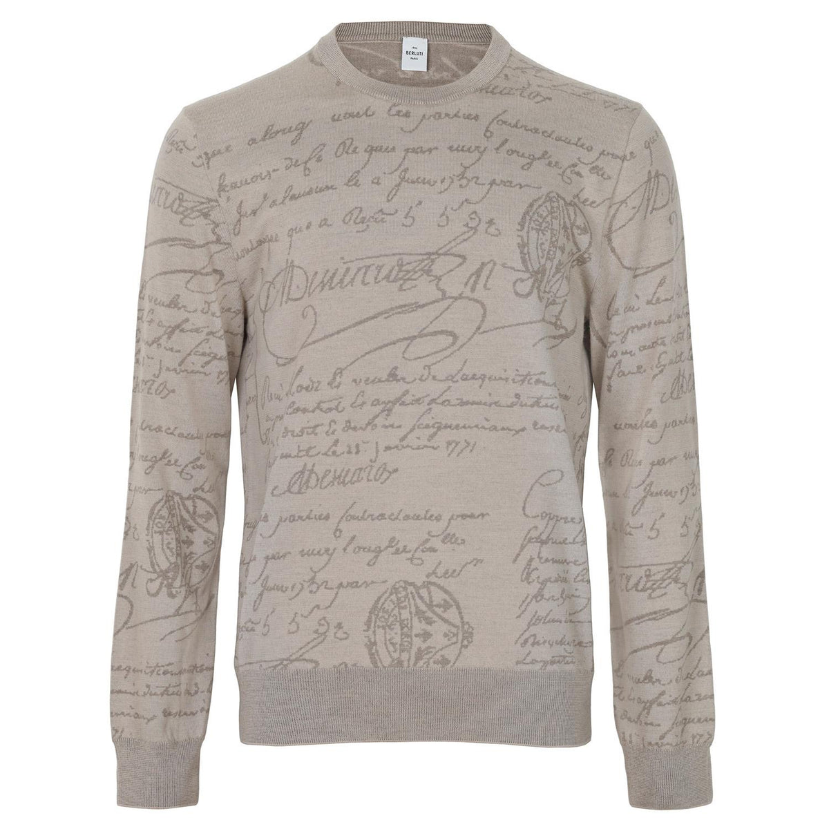 berluti Beige Scritto Wool Cashmere Crewneck Sweater R29KRL247001 D55