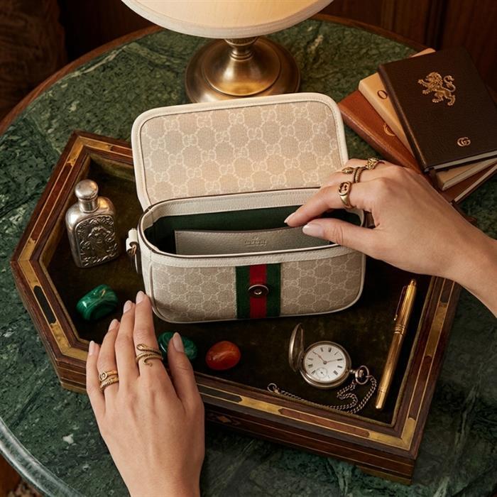 GUCCI Ophidia Small Top Handle Shoulder Bag Ivory Brown Canvas Leather