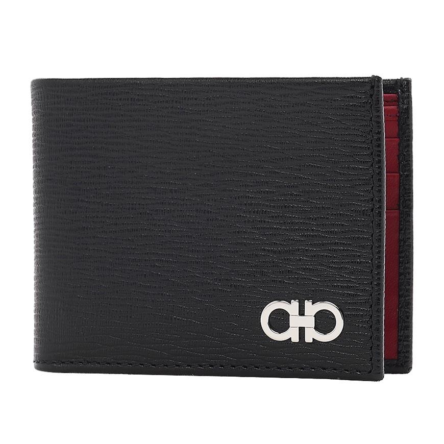 Ferragamo Gancini Bifold Wallet Black Red Leather Men's