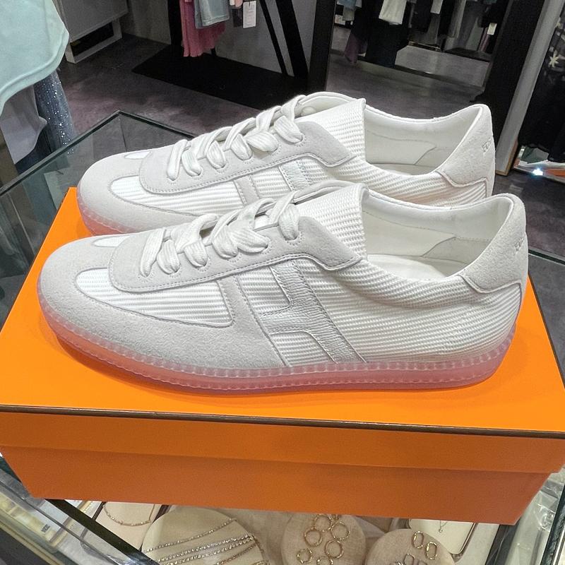 HERMES Men’s Boomerang Sneakers Mesh Calfskin White with Red Accents