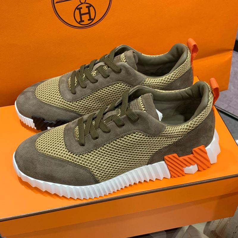 HERMES Bouncing Mesh Sneakers Khaki/Black/Orange Low-Top Men