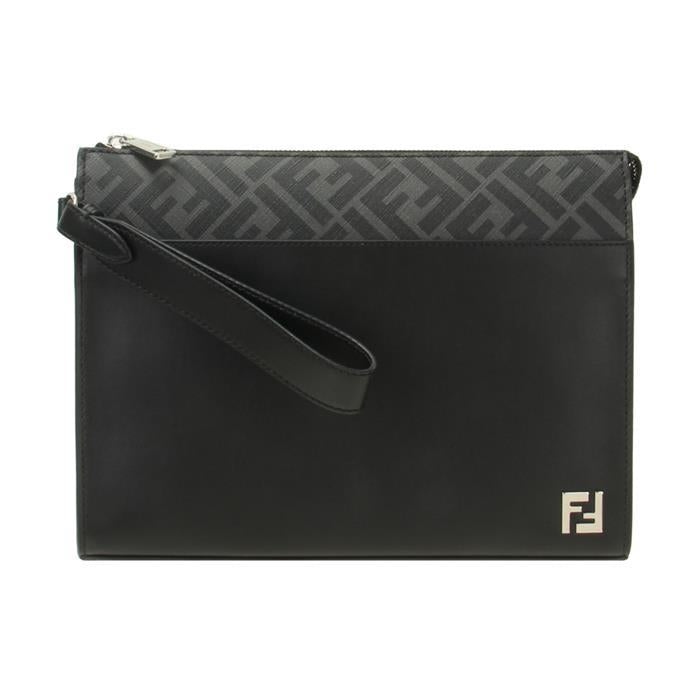 FENDI FF Logo Square Leather Clutch Bag Black
