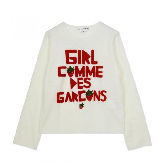 Comme des Garcons Strawberry Waist Logo White Round Neck Knit Sweater