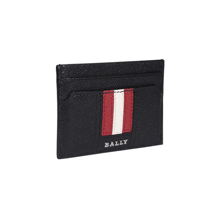 BALLY THAR Metal Stripe Card Holder Wallet Black Leather