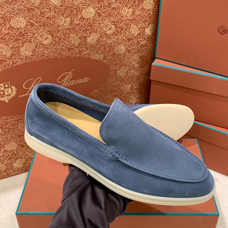 Loro Piana Navy Suede Classic Moccasin Loafers for Men