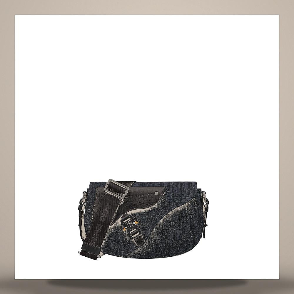DIOR Black Saddle Strap Bag Oblique Jacquard Grained Calfskin Crossbody