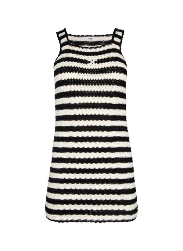 CELINE Triomphe Stripe Crochet Cotton Mini Dress