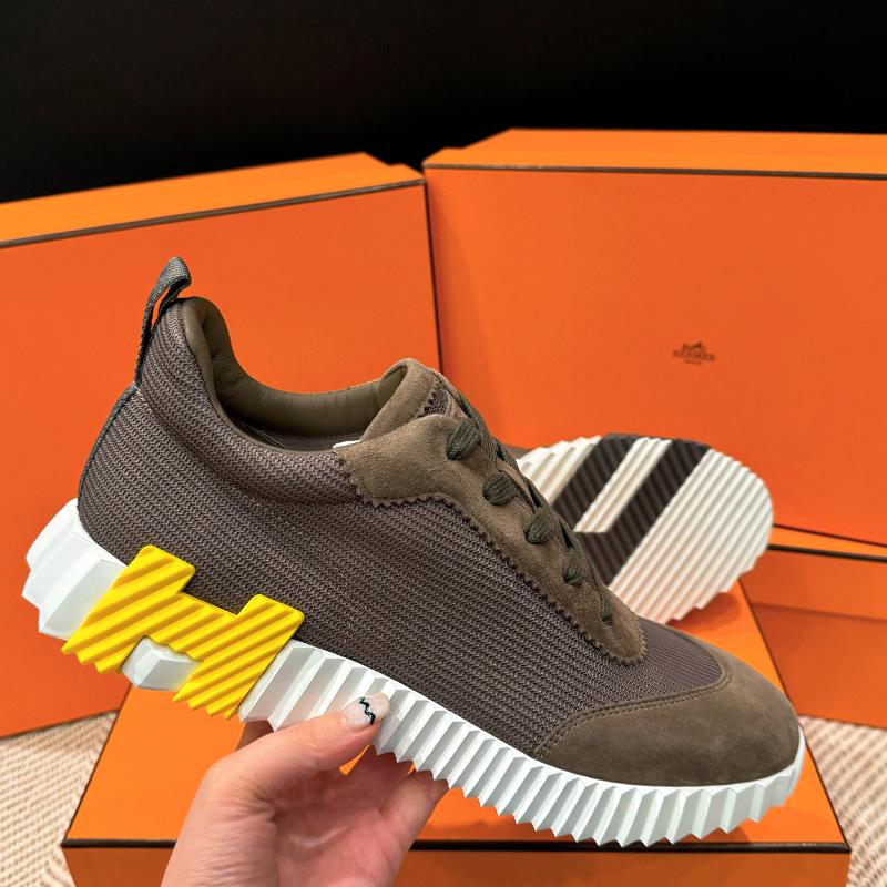 HERMES Bouncing Brown Mesh H Yellow Black Two-Tone Low-Top Sneakers