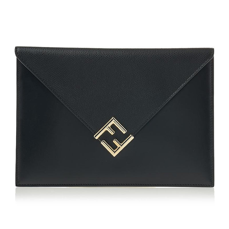 FENDI FF Diamond Flat Clutch Bag Black Leather