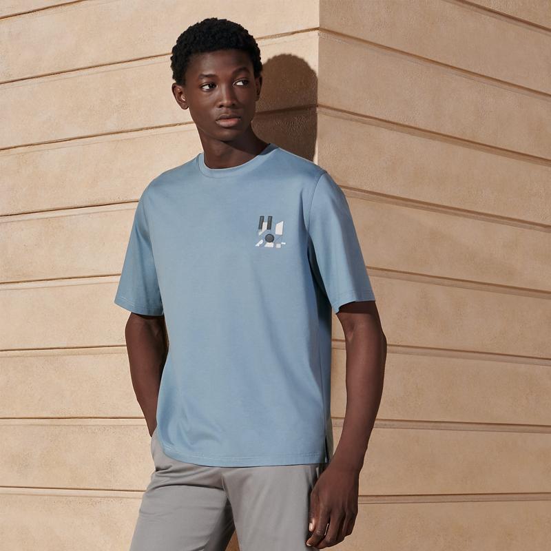 HERMES Blue Cotton Crewneck T-Shirt with Lambskin Leather Patch