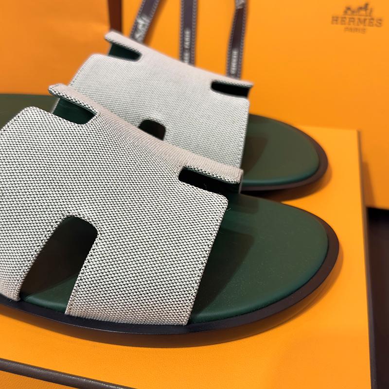 HERMES Izmir Two-Tone Green Calfskin Fabric Men’s Slide Sandals