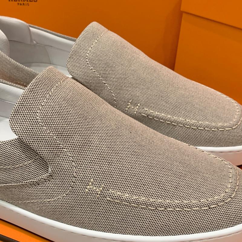 HERMES Men’s Beige Canvas Suede Goatskin Kiddy Slip-On Sneakers