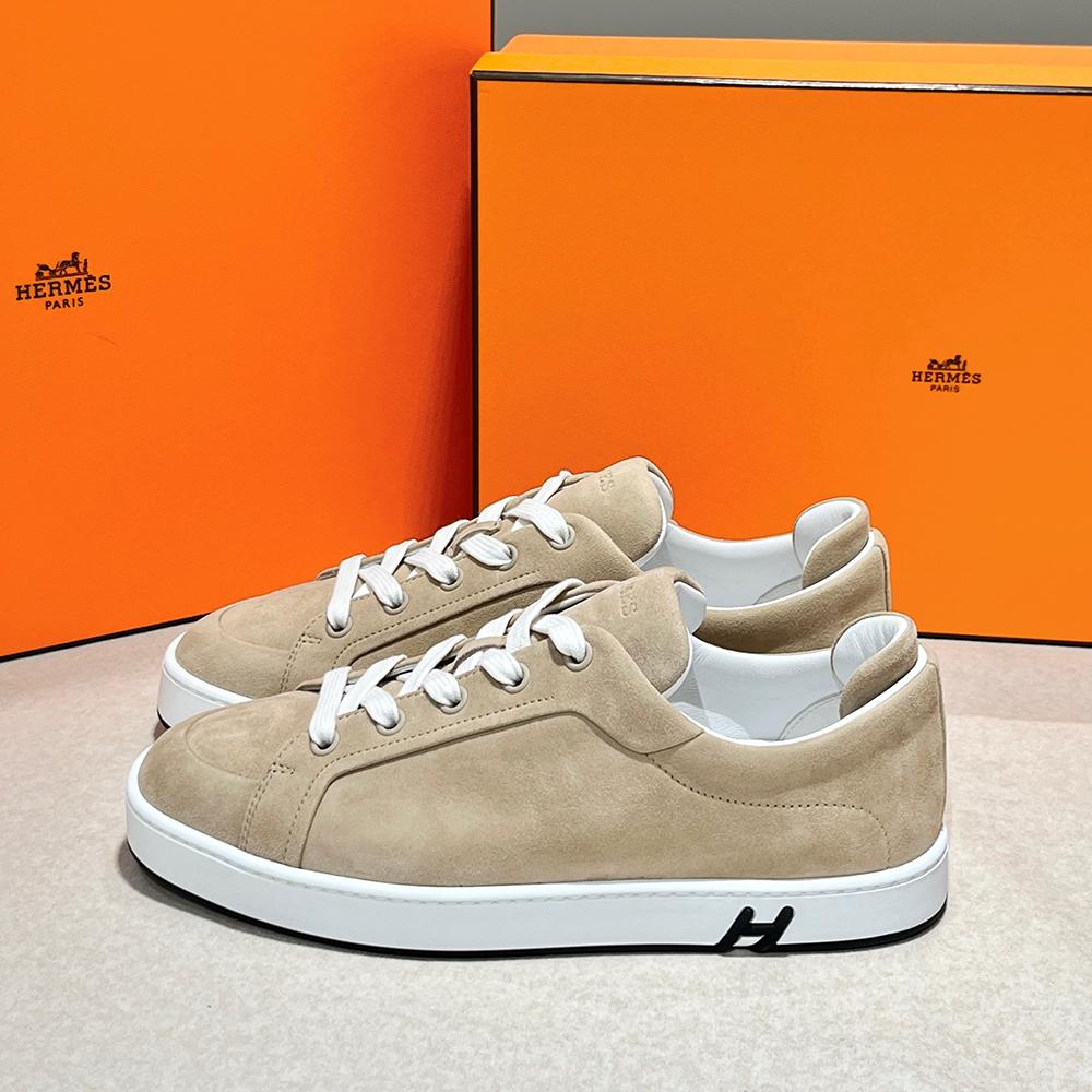 HERMES Women’s Kid Suede Goat Leather Beige Low-Top Sneakers