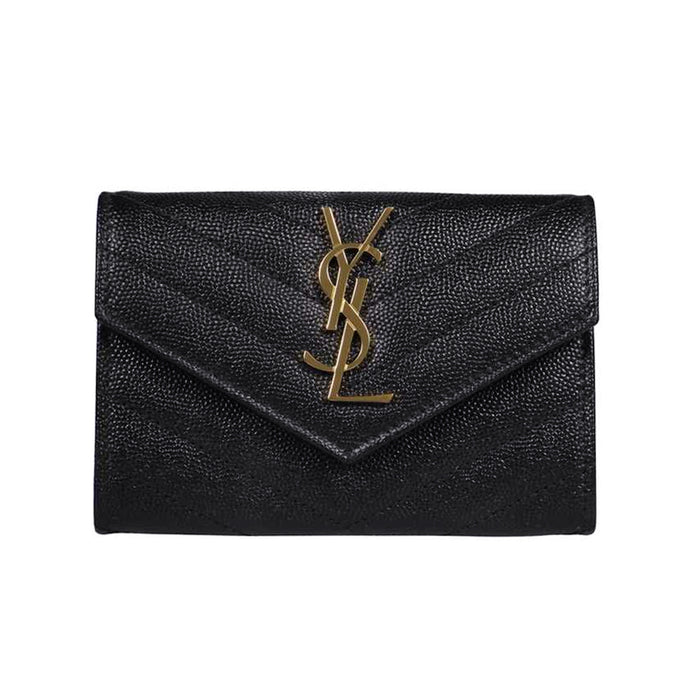 Saint Laurent Black Leather Compact Wallet with Gold Logo Card Holder