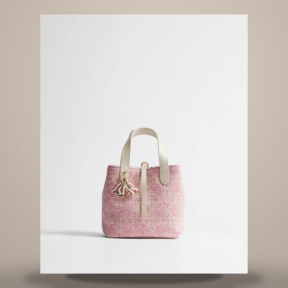 DIOR Toujours Vertical Small Tote Bag Pink Tweed White Cannage M2835OSOJ M19I
