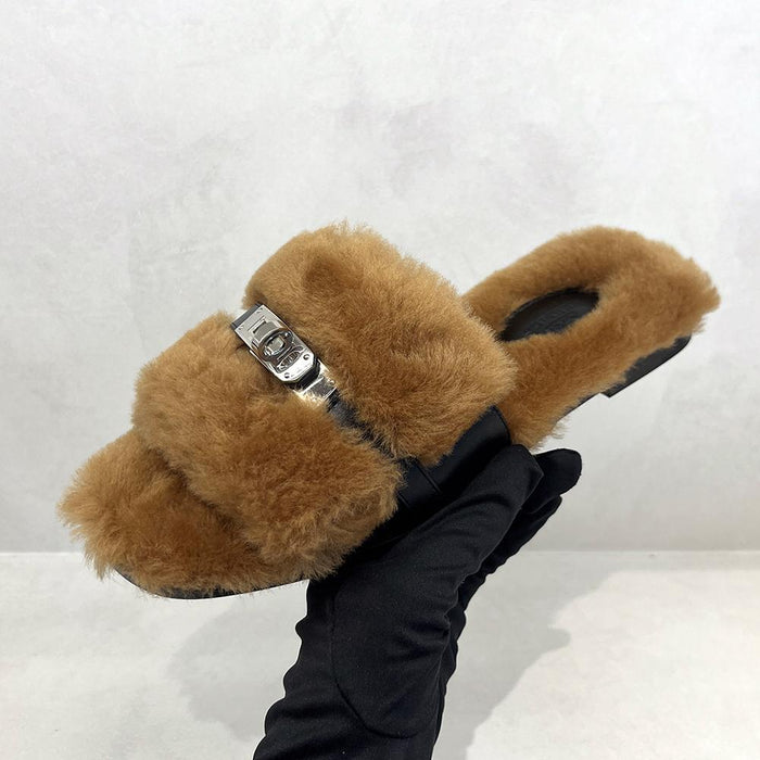 HERMES Shearling Calfskin Julia Sandals Brown Black Silver-tone