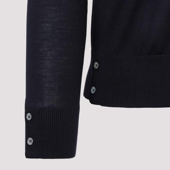 THOM BROWNE Navy Merino Wool Armband Stripe Crewneck Sweater