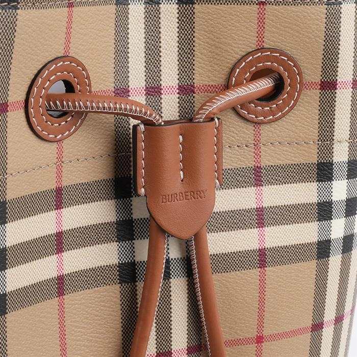 BURBERRY Small Check Leather Drawstring Bucket Bag