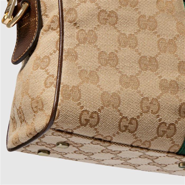 GUCCI Borsetto Medium Boston Bag Beige Canvas Leather Shoulder Bag