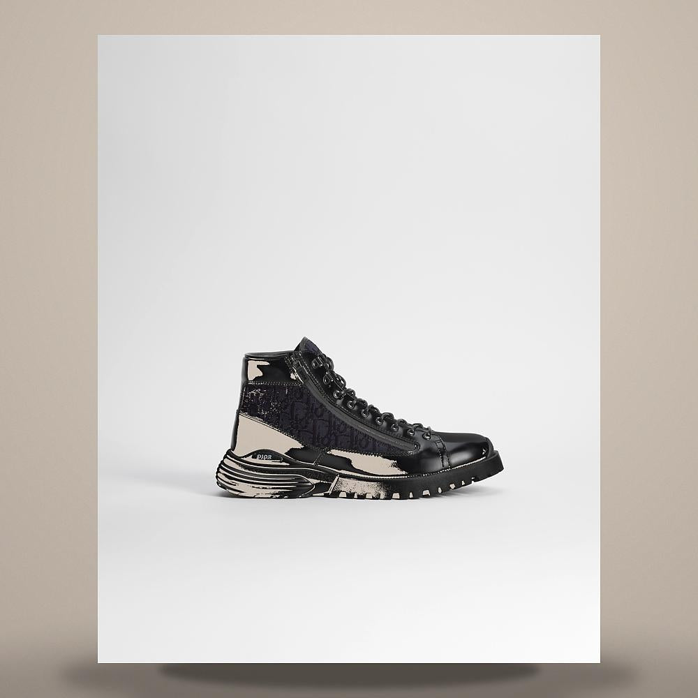 DIOR Black Patent Calfskin Combat Ankle Boots with Dior Oblique Jacquard