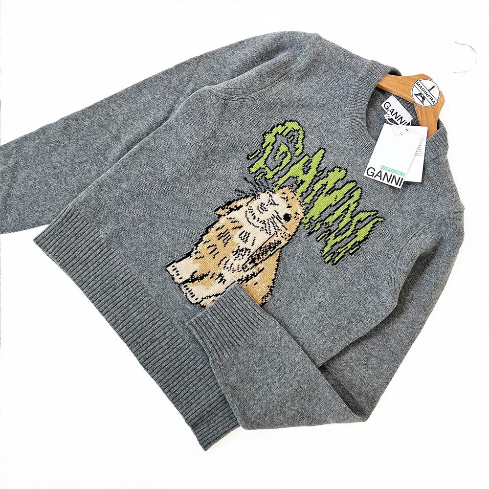 GANNI Rabbit Jacquard Crewneck Knit Sweater K2502 523