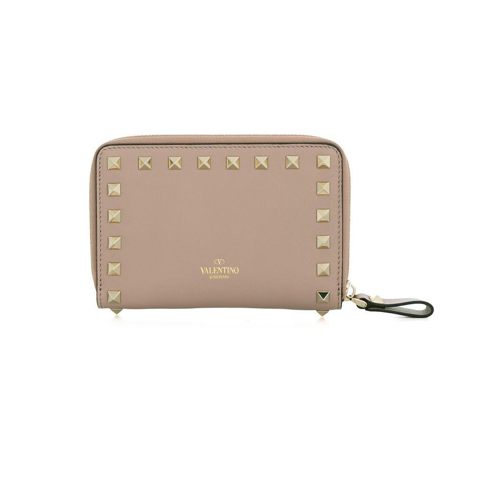 VALENTINO Rockstud Pink Beige Leather Coin Card Holder Wallet