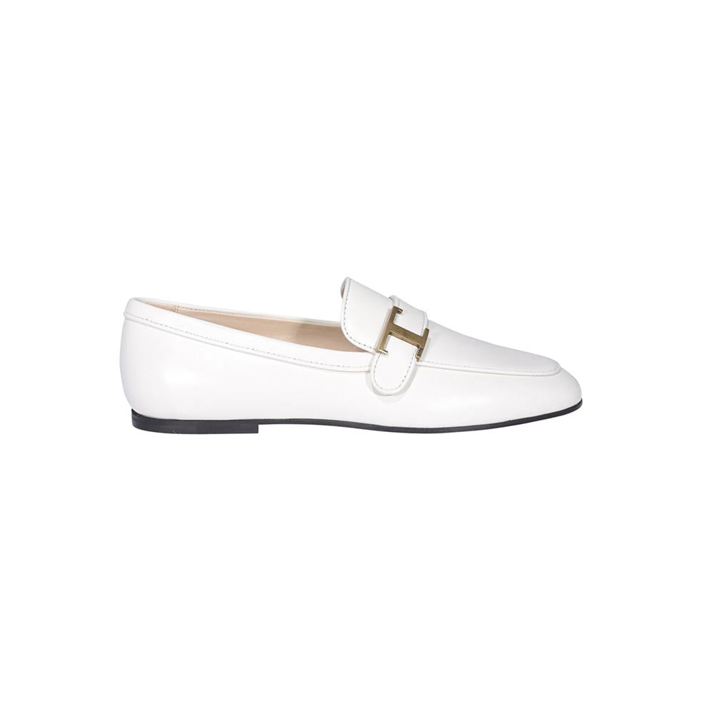 Tods White Leather Moccasin Loafers with Gold T Logo